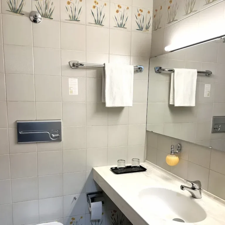 Rustikales Badezimmer mit Dusche und WC im Hotel Krieger in Mariaort, nahe der Welterbestadt Regensburg.